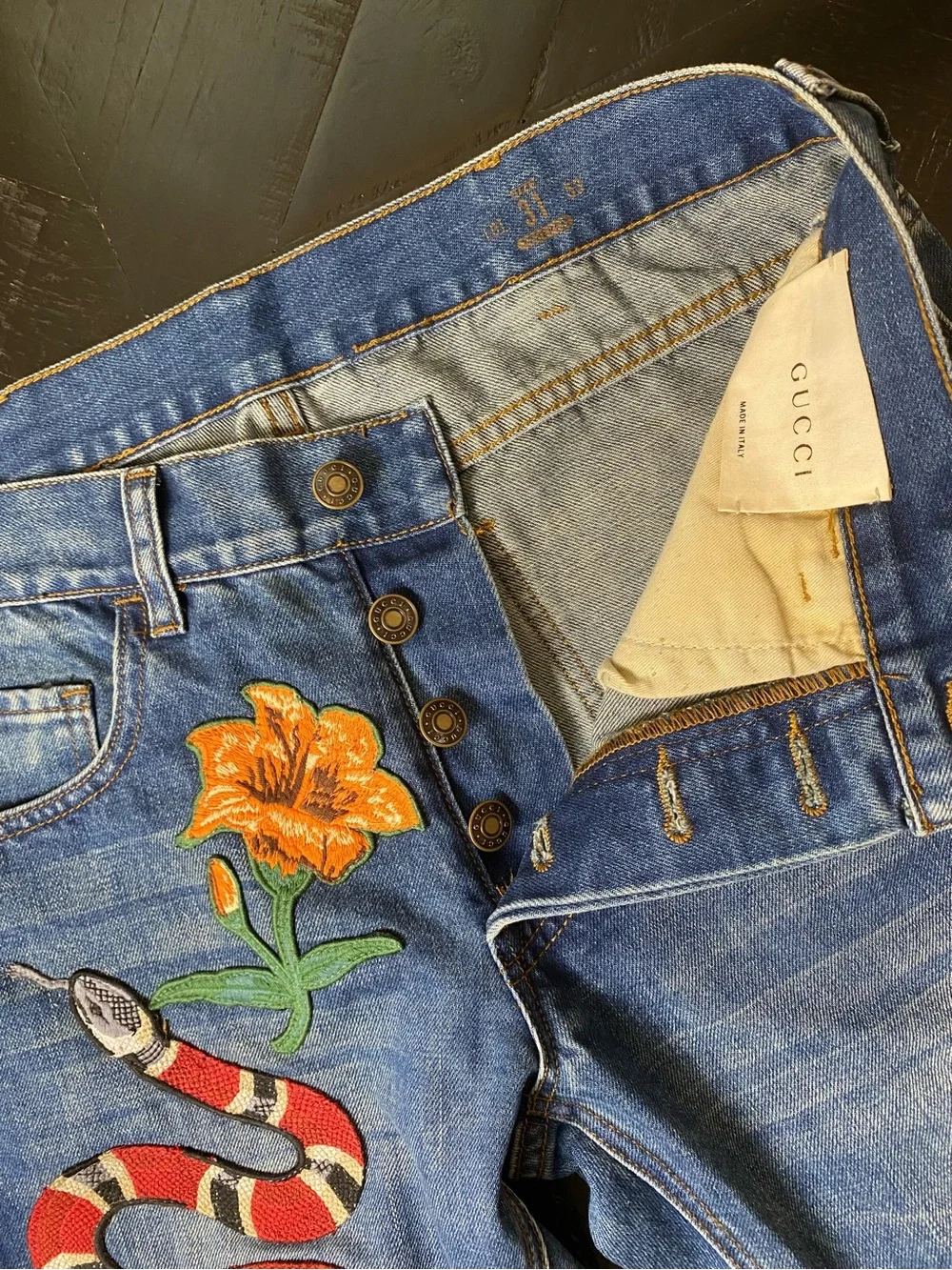 Gucci Blue Denim Skinny Jeans with Red Snake and Orange Flower Embroidery